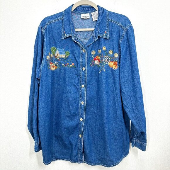 Vintage Embroidered Denim Button Up Shirt Women's Size 18W 20W Fall Harvest Cute - Picture 1 of 8